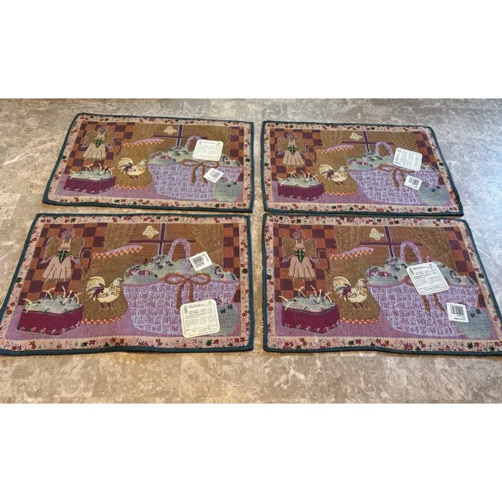 Vintage Country Farmhouse Woven Tapestry Placemats Set of 4 Rooster Apple Angel